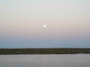 Moonrise over the reef at Serbete at low tid