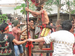 The chair of knives- this guy stood on the knives you can see at about shin height and also lay on his belly on the blade you can see just behind him